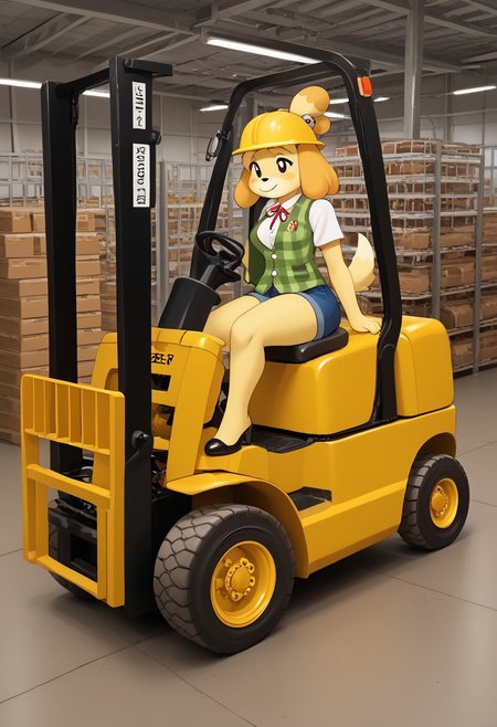 score_9, score_8_up, score_7_up, score_6_up, score_5_up, highres, absurdres, high_quality, high_definition, 
1girl, female, feminine, mammal, human, isabelle_(animal_crossing)_(animal_crossing, nintendo, mammal, canid, canine, canis, domestic_dog, toy_dog, shih_tzu, furry, furry_female, anthro, anthropomorphic_dog, yellow_fur, body_fur, fur, hair, animal_ears, dog_ears, dog_girl, small_breasts, ass, breasts), sagging_breasts, wide_hips, breedable, skindentation, 
{{clothing: high-vis_vest, vest, tshirt, jeans, boots, hardhat}} 
driving, forklift,
 {{background:  public, warehouse, detailed_background, clean_background, natural_lighting, sharp_focus, smooth_gradients,}}, 
zPDXL2, nsfwEMPXL, Hand, detailed, perfect, perfection, hands, hand,