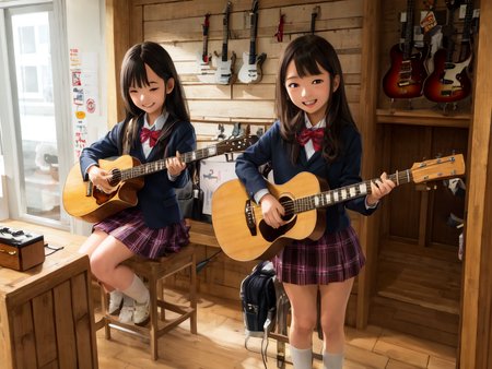 masterpiece, best quality, ultra-detailed, illustration,
(2girls:1.4), school uniform,  school bag,  smile ,
guitarshop, guitar, instrument, electric guitar, bass guitar, amplifier, speaker, wooden floor, indoors, 
 <lora:guitarshop:0.8>