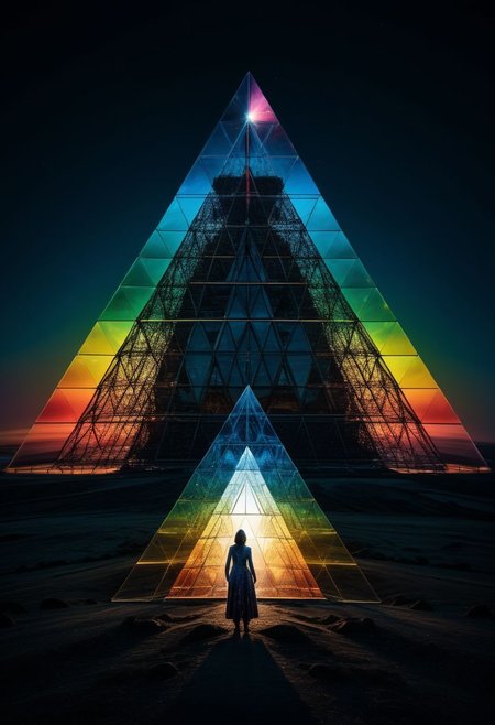 Album cover, mysterious silhouette woman, (light rays, shining on glas pyramid prism, splitting in rainbow colours, dark side of the moon), goddess, alluring, by Minjae Lee, Carne Griffiths, Emily Kell, Steve McCurry, Geoffroy Thoorens, Aaron Horkey, Jordan Grimmer, Greg Rutkowski, amazing depth, double exposure, surreal, geometric patterns, intricately detailed, bokeh,  perfect balanced, deep fine borders, artistic photorealism , smooth,  great masterwork by head of prompt engineering   <lora:add-detail-xl:2>  <lora:Double_Exposure:0.5>
