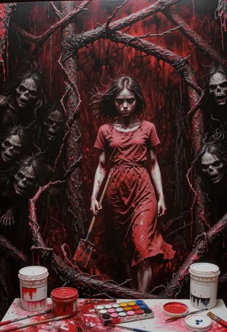 oneironartifex, 1girl possessed painter, emerging from the demonic otherworld, infernal limbo, black and white, red-pink color scheme, impasto technique, eerie, atmospheric, menacing, highly detailed, 4k, masterpiece <lora:dmd2_sdxl_4step_lora> <lora:xl_oneironartifex>
