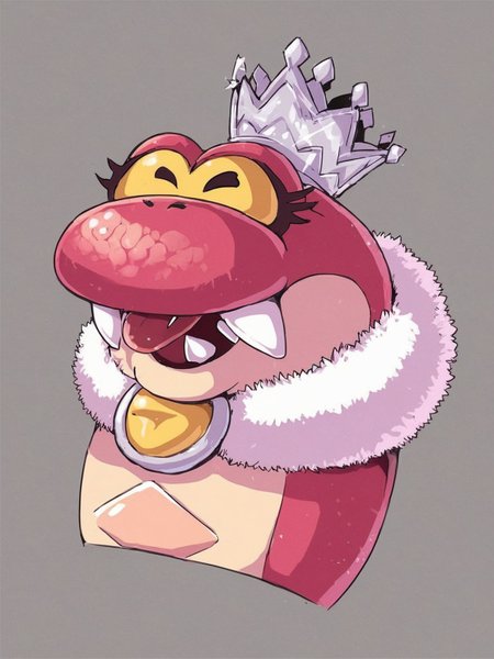 source_furry,
score_6.
score_7,
2d,
anime,
<1girl:1.5>,
<solo:1.5>,
<simple background:1.5>,
<white background:1.5>,
queen_hisstocrat, pink_snake, no humans, grey background, solo, crown, fangs, open mouth, closed eyes, simple background, pokemon (creature), fur trim, tongue, smile,
<lora:Queen_Hisstocrat-PonySDXL:1> queen_hisstocrat,
<lora:Pony_DetailV2.0:1>,