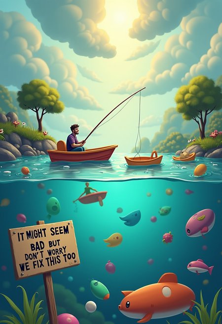 a cartoonish landscape, a sea made of floating different plastic objects in which is a boat with a man aboard, the man is fishing, the fishing_rod has caught a plastic sign in which there is the text "IT MIGHT SEEM BAD BUT DON'T WORRY, WE WILL FIX THIS TOO", close-up of the sign, The sky are overcast with godrays coming out from clouds,