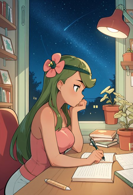 masterpiece, best quality, medium breasts, (curvy),   BREAK, zzMallow, green hair, green eyes, hair flower, hair ornament, <lora:MallowPokemonIXL_e09:1.0>,zzLofi, sitting, side view, desk, chair, book, bookshelf, head rest, holding, holding pen, lamp, night, open book, pen, plant, potted plant, sky, star (sky), starry sky, window, windowsill, writing,   ,    <lora:LofiGirl_Style_IXL:1.0>,