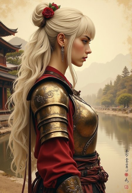 traditional japanese art in sepia, henna and carmine on rice paper, side portrait of japanese woman wearing fantasy leather and bronze plate armour, long bleached hair, bangs, against a backdrop of an edu-era Japanese palace, forest, mist