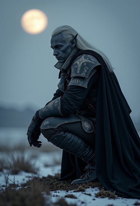 A powerful and enigmatic warrior with dark, coal-gray drow skin and silver-white hair . He has an ethereal and otherworldly presence, with small and sharp elf-like ears and clad in dark armor with sharp archaic glyphs . his expression is somber and introspective as he crouches quietly, staring past the  viewer, into the distance, in a cold and desolate landscape under a dim, moonlit sky. his armor is adorned with various ancient glyphs , giving an air of and mysticism. The atmosphere around him is dark and moody, with a cold gray hue that accentuates his powerful, stoic presence. The overall scene conveys a sense of solitude, strength, and loss , as though he is a guardian of a fallen, forgotten realm."
aidmaHyperrealism