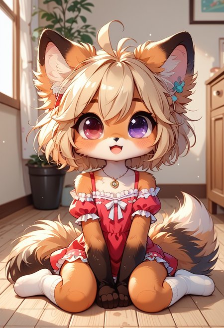 score_9, score_8_up, score_7_up, score_6_up, score_5_up, score_4_up, MegaFluffyPony, furry, fluffy, Ultra tiny short toddler, anthro fox, furry, chibi, baby, indoors, tail, sakura fur, heterochromia, pink eye, purple eye, blonde hair, short hair, cute girl, cute princees dress, detailed dress, sitting on floor, open mouth, smiling