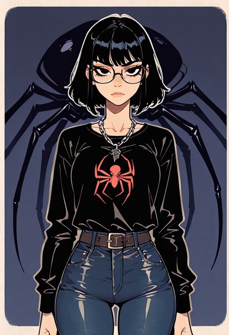score_9, score_8_up, score_7_up, masterpiece, best quality, very aesthetic, detailed face, (dynamic:1.1), incoth, (incase:0.6), partial illumination, thick linework, illustration, The image features a character with short black hair styled in a messy, edgy farmer fashion. She wears a fitted black top with long sleeves, highlighting her figure, and a chain necklace with a prominent pendant. The character has glasses and an intense expression, adding to her confident demeanor. 
Her midsection is exposed, and there is a striking spider design tattooed on her abdomen, which adds an intriguing element to her appearance. The character is paired with dark blue jeans that emphasize her silhouette. The background is plain, enhancing the focus on the character. the image conveys a mix of attitude and style, combining elements of fashion with a hint of edgy artistry.