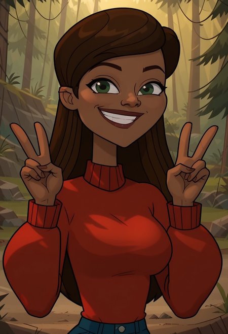 ((forest background)),score_9, score_8_up, score_7_up,score_6_up, 
1girl, solo, Gabby_DC, brown skin, olive green eyes, dark brown hair, long hair, voluminous straight hair, red turtleneck sweater with long sleeves, dark blue skinny jeans, black sneakers shoes, big eyes, tall stature, social smile, perfect eyes, perfect smile, looking at the viewer, detailed eyes, perfect eyes, standing, big breasts (front pose, bust shot, close up to face, face portrait:1) five fingers, perfect hands, hands sign peace