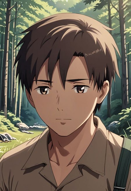 high resolution, solo, best quality, 1Boy, Takaki Toono, Brownish Hair, Brown Eyes, forest, camping, OverallDetail