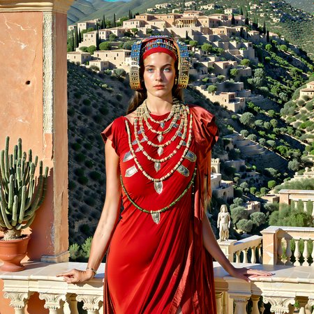 1girl, full body, ((3lch3)), (((detailed, looks like real life, hellenistic influences))), medium breasts, presenting, ancient, costume, headdress, rodetes hair, rodetes-enhanced, (regal, titsy queen:1.5), (luxurious setting:0.9), (lush green foothills mountains), hazy, raylighting, (villa, marble, (luxurious terrace:1.4)), (erotic tropical environment:0.7)  <lora:Lady_of_Elche_SDXL:0.8>  <lora:LCMTurboMix_Euler_A_fix:0.4>