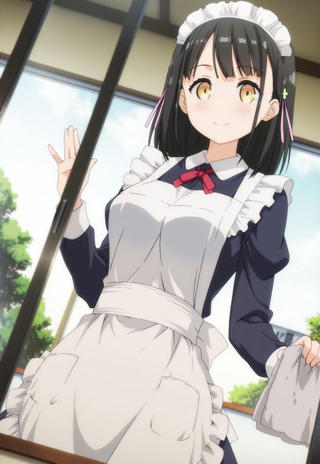 masterpiece, best quality, newest, absurdres, highres, anime,
hanasaka yui, yellow eyes, black hair, hair ornament,
large breasts,
1girl, solo, blush, smile,
maid, maid apron, maid headdress, puffy sleeves,
rag, cleaning windows, cleaning,
scenery, indoors,
dutch angle, looking at viewer, from below,