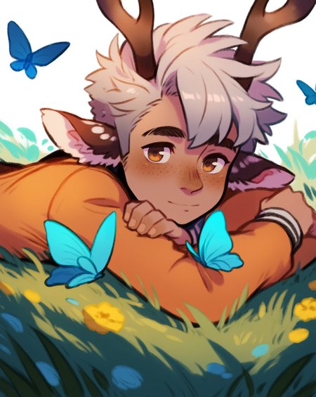 score_9, score_8_up, score_7_up, 1boy, male focus, horns, bug, deer ears, blue butterfly, looking at animal, antlers, on grass, lying, short hair, white background, on stomach, brown eyes, dark-skinned male, freckles, grey hair, monster boy, simple background, dark skin, upper body, flower, long sleeves, closed mouth, orange jacket, blush, <lora:Orion:0.99>