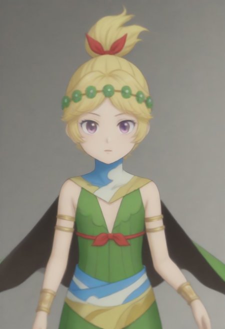 source_anime, anime screencap, source_anime, auratheguillotine, anime screencap, masterpiece, source_anime, shiny skin,,,,,, <lora:zs_DemeterXL:1> demetersmt, blonde hair, ponytail, head wreath, purple eyes, green dress, cleavage, cape, armlet, bracelet,