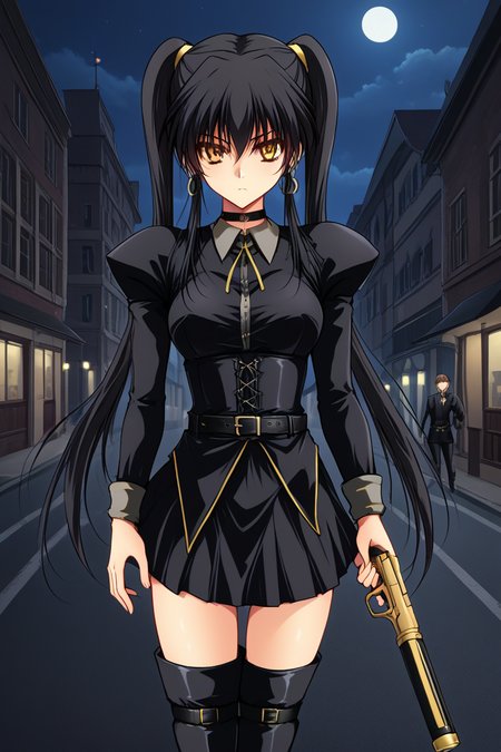 1girl, solo, nosogirenes, black hair, twintails, very long hair, sidelocks, yellow eyes, earrings, choker, black shirt, juliet sleeves, long sleeves, corset, belt, black skirt, thigh boots, cowboy shot, outdoors, night, city, street, standing, serious, holding, weapon, firearm, shotgun