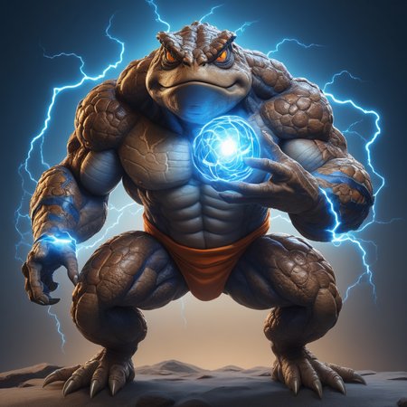 a tall angry evil adult muscular brown cane toad super hero dragon ball z style goku powering up holding a blue lightning ball and blue light from behind