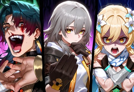 blade \(honkai: star rail\), crazy eyes, 
stelle \(honkai: star rail\), black gloves, sweatdrop, 
lumine \(genshin impact\), shaded face, sweat, 
<lora:noobai_ep11_stabilizer_v0.138_fp16:0.35>, <lora:cfg_scale_boost:0.3>,<lora:nai_noob_new_1536:0.3>,<lora:nyaliaXLNBVP1lokrV6311P:0.45>, 3domain, <lora:3domain-000034:1.0>, (masterpiece, best quality, newest, highres:1.3), good quality, very aesthetic, absurdres, newest, very awa,