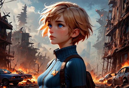 1girl, Masterpiece, 4k, ultra high detail, score_9, score_8_up, score_8, 18yo, petite, medium breast, short blonde hair, fcNeg, stunning blue eyes, freckles, white skin, small nose, innocent beauty, slim face,  skinny petite body, 
Torn sport clothes
Fear in her eyes, crying, 
Sideview,  Apocalyptic scene, burning skyscraper, burning city, derstroyed cars, a huge asteroid swarm in the sky, 
Many asteroids in the sky, 
End of the World, 
negative_hand, NightScapes,