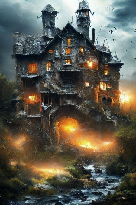 RAW photo, (masterpiece:1.3), subsurface scattering, heavy shadow, (high quality:1.4), (intricate, high detail:1.2), professional photography, HDR, High Dynamic Range, realistic, ultra realistic, photorealistic, high resolution, film photography, ambient lighting, atmospheric effects, <lora:detail_slider_v4:2>, OverallDetail,  DarkFantasy,
creepy watermill surrounded by trees, birds of prey,  cloudy sky, thunder storm, evilrealm, moon, no humans, outdoors, scenery, night, epiCPhoto