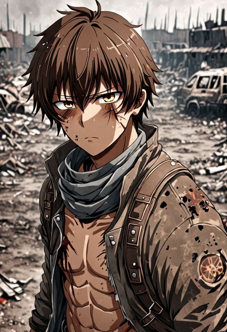 high resolution, solo, best quality, 1Boy, Seiya Kanie, Brownish Hair, shallow depth of field, Post-Apocalyptic, survival, OverallDetail
