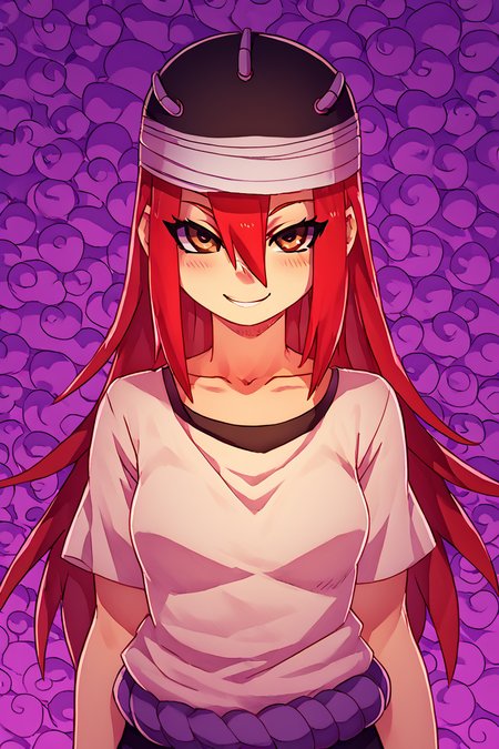 score_9, score_8_up, score_8, medium breasts, (curvy), cute, eyelashes,       BREAK, ,  ,,, <lora:TayuyaNaruto_PDXL_v3:1>, zzTayuya, brown eyes, long hair, red hair, hair between eyes, headwear,  purple rope, short sleeves, shirt, collarbone, ,,,  , BREAK, smile, looking at viewer, cowboy shot, ,,, embedding:zPDXL, Expressiveh, ,,, <lora:Zankuro_Style_PDXL:0.8> <lora:SDXLFaeTastic2400:0.5>, <lora:Expressive_H-000001:0.4>,