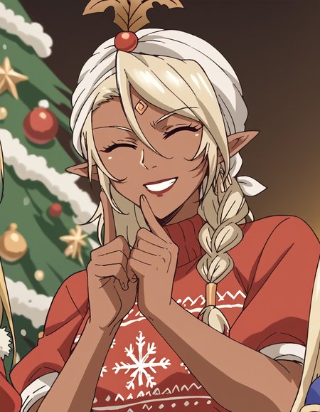 score_9, score_8_up, score_7_up, source_anime, <lora:bikiniwarrior-darkelf-s1-ponyxl-lora-nochekaiser:1>, darkelf, long hair, blonde hair, braid, pointy ears, dark skin, dark-skinned female, elf, dark elf, hair between eyes, red eyes, hair over shoulder, lipstick, anime screencap,, <lora:christmas-sweater-ponyxl-lora-nochekaiser:1>, christmas sweater, christmas, ugly sweater, print sweater, red sweater, christmas tree, christmas ornaments, sweater, multicolored sweater, , v, smile, hands up, teeth, closed eyes, cowboy shot,, , dutch angle, cowboy shot