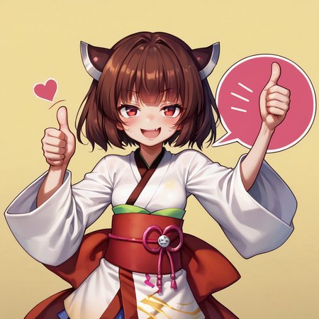 score_9, score_8_up, score_7_up, source_anime, BREAK
 <lora:TouhokuKiritanMMD_PONY_V1:1>touhoku kiritan, brown hair, short hair, short twintails, red eyes, small breasts, headgear,
white kimono, gradient kimono, red obi, pink sash, ribbon, long, sleeves, wide sleeves, pleated skirt,  
yellow background, simple bacground,,
smile, looking at viewer,  ((Thumbs up:1.5)),upper body,Heart speech bubble