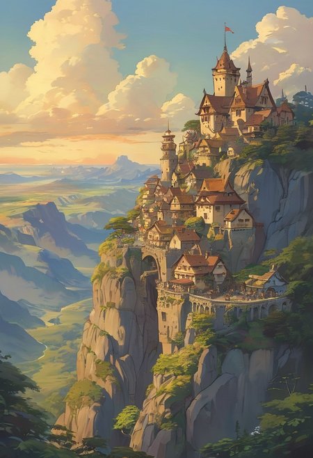 (studio ghibli drawing), (studio ghibli painting),best quality, masterpiece, extremely detailed,  professional  art,  professional painting, an extremely delicate and beautiful, dynamic,  great lighting, perfect shading, professional shading, depth of field,   side soft light, elegant, gorgeous, highly detailed,   full shot, uncropped,   pure genious, absolutely perfect,  highly detailed, breathtaking,  a giant and sheer cliff face with a town built into it, lots of different dwellings, fantasy, sunset
