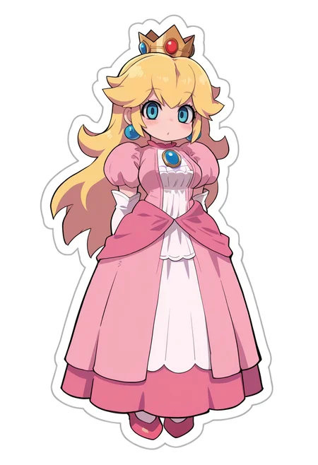masterpiece, best quality, general, sensitive,
1girl, full body, looking at viewer, 
princess peach, long hair, blonde hair, bangs,
simple background, white background, 
<lora:Sticker_Ilu:1> (sticker:1.2), 
 <lora:zankuro:0.6> z4nk0r0,