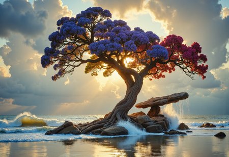 style of jan vermeer, Vibrant flowering tree, dark-purple, dark- maroon, gold, and orange, growing out of a raised rocky out cropping extending into the water on all sides next to the sandy beach, sea waves hitting the out crop send fine spray into the air, the tree roots extend out holding the rocks in place. chiaroscuro, (The sky is darkening as the sun sets, low-key lighting setup, with warm golden hues blending into cool blues and blacks:2). Sea waves, rocky island, sunset sky, magical atmosphere, fantasy landscape, surreal art, digital painting, dramatic lighting, reflective water, dreamlike scene, majestic clouds, intricate details, vivid colors, ethereal glow, mystical environment, whimsical composition, nature-inspired fantasy, epic scale  <lora:Midjourney_Whisper_Chromaplex_Velvet_Myst_v01:0.5> <lora:Epic_gorgeous_Details-flux.1:0.4> <lora:Midjourney_V6.1_meets_FLUX:0.25> <lora:Fluxartis_28.11A-Photograph:0.4> <lora:low-light-flux-v2:0.5>