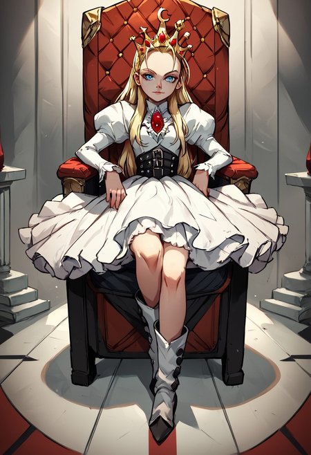 score_9, score_8_up, score_7_up, score_6_up, BREAK,uncensored, throne room, on throne ,1girl, devilotte, long blonde hair, hair slicked back, crown, blue eyes,white suit, high heel boots,