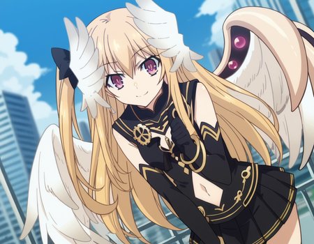 score_9, score_8_up, score_7_up, source_anime,
dalmayuri, <lora:dal-mayuri-movie-ponyxl-lora-nochekaiser:1>,
mayuri, long hair, blonde hair, hair between eyes, hair bow, one side up, bow, purple eyes,
gloves, dress, navel, wings, elbow gloves, black dress, clothing cutout, head wings, skirt, black skirt, pleated skirt,
outdoors, cityscape, bent over, smile,
solo, dutch angle, looking at viewer, cowboy shot,