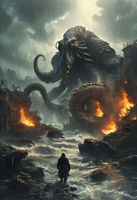 cinematic giant kraken, fire, rain, apocalypse
