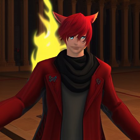 dt_xiv_style, solo, looking at viewer, short hair, hair ornament, red eyes, 1boy, animal ears, jewelry, upper body, male focus, red hair, indoors, cat ears, necklace, scarf, hair over one eye, tattoo, swept bangs, facial mark, fire, x hair ornament, slit pupils, staff, red jacket, pendant, crystal, stairs, black scarf, miqo'te, pillar, weapon on back, cat boy, neck tattoo, torch, arch, 