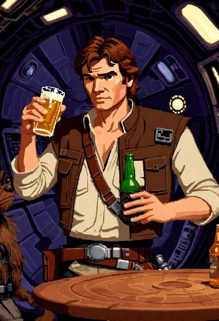 lucasarts style, a drunk Han solo is holding a glowing bottle of beer in a millennium falcon <lora:lucasarts style:1>