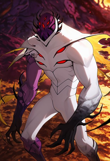 masterpiece, best quality, amazing quality, very aesthetic, absurdres, newest,, detailed background, 
highbreed, extra eyes, solo, alien, white skin, purple face, , monster, red eyes, black hands, , claws, black head spikes, 
massive arms, uneven muscle growth, mutating, ripped flesh , purple arm, yellow wings,
