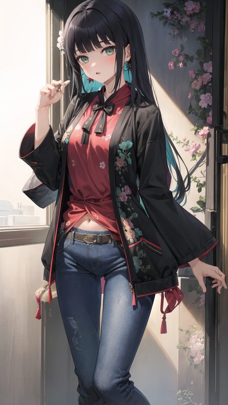 1girl, Renge, ((full body)), solo, (((aqua jacket, duffel coat, cutoff jeans))), ((patterned legwear)), blush, green eyes, black bandeau, scrunchie, frilled, 
 <lora:Renge v1.0_0.7+Renge_0.5:0.6>