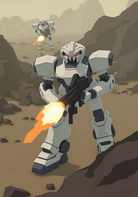 overhead perspective g00se art with smooth textureless style with muted pastel palette of, A heavily-armored combat robot fires an assault rifle with blazing precision in a desolate, war-torn landscape, while two additional mechs advance through the smoky, debris-strewn battlefield in the background, their white exteriors contrasting against the dark, apocalyptic scenery.<lora:g00se.safetensors:1.0:1.0>