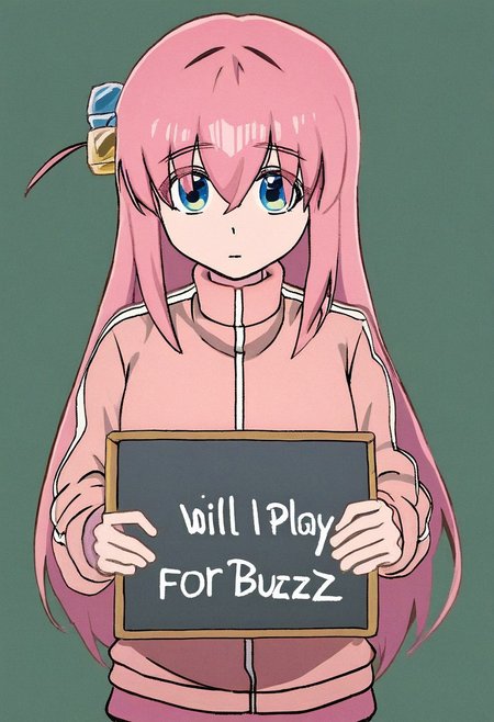 Gotoh_Hitori, hair ornament, cube hair ornament, blue eyes, pink long hair, pink track jacket, bangs, hair between eyes, 1woman, fidgeting, facing viewer, outside, (((holding a big colored sign that says "WILL PLAY FOR BUZZ", text: "WILL PLAY FOR BUZZ")))
