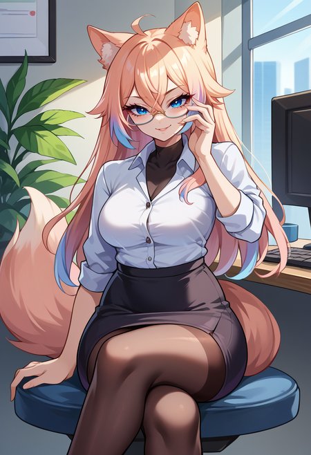 score_9, score_8_up, source_anime, 1girl, solo, NayamiPF, animal ears, blue eyes, multicolored hair, long hair, hair between eyes, ahoge, tail, office lady, black pantyhose, sitting, office, crossed legs, seductive smile, shirt, pencil skirt, computer, glasses, hand on eyewear, <lora:ChamNayamiPeachfoxPonyXL:1>
