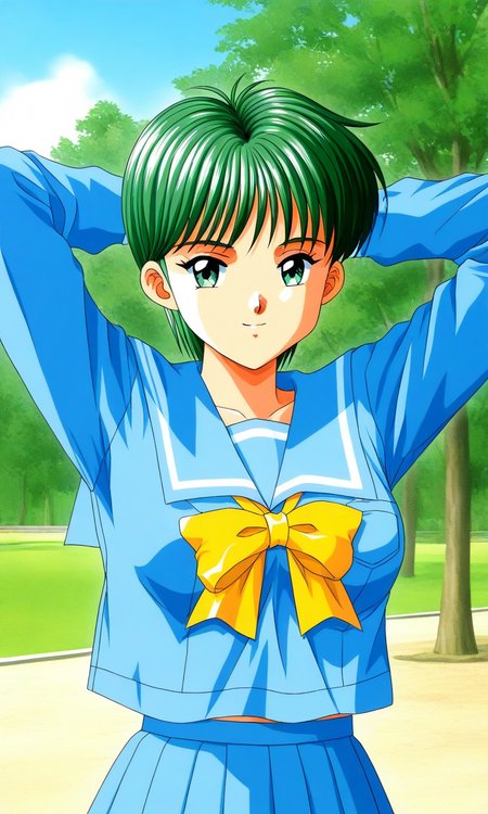 general,highres, ultra-detailed,very aesthetic,best quality ,best hands, BREAK <lora:Kiyokawa_Nozomi_Tokimeki_Memorial_IS:1>
Kiyokawa_Nozomi(Tokimeki_Memorial), 1girl, solo, green hair, short hair, green eyes, bangs, medium breasts,
blue school uniform, blue skirt,  serafuku, pleated skirt, smile, long sleeves, arms behind head, 
looking at viewer, yellow bow, arms up,  blue sailor collar, blue sleeve,
standing, outdoor, day, sky, tree, light smile,