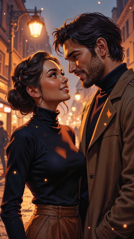 High-resolution anime-style illustration with impressionistic influences, a young couple standing close under a softly glowing streetlamp on a quiet evening. The woman, with long, wavy chestnut hair styled into an elegant braided updo, gazes up at her partner with warm, adoring eyes, a gentle smile on her lips. She wears a fitted turtleneck sweater and a high-waisted wool skirt, the soft fabric hugging her figure. The man, tall and broad-shouldered, has strong, defined features, a sharp jawline, and a well-groomed beard. He wears a tailored wool coat over a dark sweater, his steady hand resting against her cheek as he leans in, eyes filled with quiet intensity. The blurred city lights behind them merge into soft painterly brushstrokes, a warm glow surrounding the moment, creating an intimate, dreamlike atmosphere <lora:oilpaintzver5:0.8> <lora:ILLUSTRATION_(FLUX)_-_V3.1:0.4> <lora:Anime_v1.3:0.6>