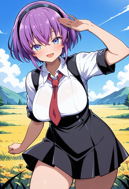 mizuishi_rikana, blue eyes, purple hair, short hair, hairband, red necktie, school uniform, collared shirt, suspenders, white shirt, high-waist skirt, suspender skirt, <lora:Abaddon_mizuishi_rikana_illustrious_ver1:0.8> 
smile, open mouth,, masterpiece, best quality, general,, 1girl, solo, (field:1.2), (blue sky:1.2), looking at viewer,, (cowboy shot, dynamic pose:1.4),