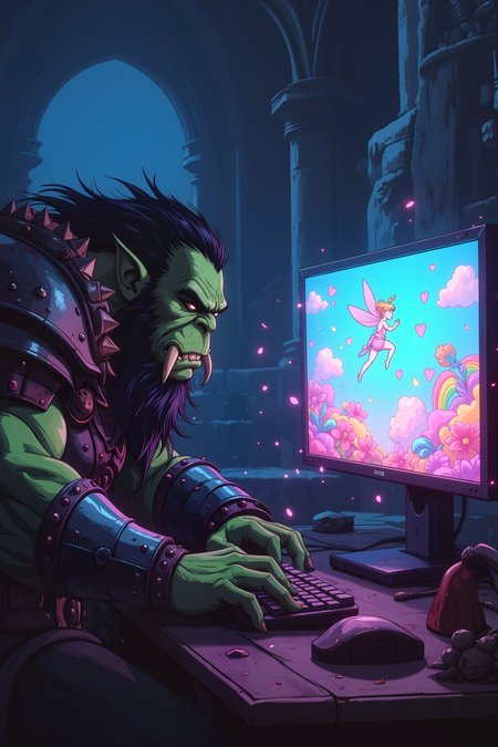 In the dim glow of a flickering torch, a hulking, battle-scarred orc sits hunched over a sleek gaming monitor, his massive green hands delicately tapping the keyboard. His thick, tusked face is twisted in deep concentration as he navigates a world filled with sparkling rainbows, fluffy unicorns, and heart-shaped explosions. The gameâs pastel colors reflect off his crude, spiked armor, contrasting sharply with the bloodstained battle-axe resting beside him. Behind him, a towering stone throne looms, draped in the furs of defeated beasts, yet his full attention remains on the screen, where a cheerful fairy character flutters through a candy-colored wonderland. The orcâs muscular fingers twitch, hesitating before choosing the "Hug the Bunny" option instead of "Crush the Goblin." A deep, guttural growl rumbles from his chest as he wins a round, pink confetti bursting across the screen in celebration. Around him, the sound of distant war drums echoes through the cavern, yet in this moment, his world is nothing but joy, rainbows, and digital cuddles. , detailed background  Fantastic lighting. Detailed shadows.intricate details, vivid colors, hyper-detailed, ultra-sharp, , <lora:aesthetical-000003:0.15><lora:aidmaNSFWunlock-FLUX-PonyStyle-v0.1:0.15><lora:Flux-jijia:0.1><lora:GLSHS:0.6>