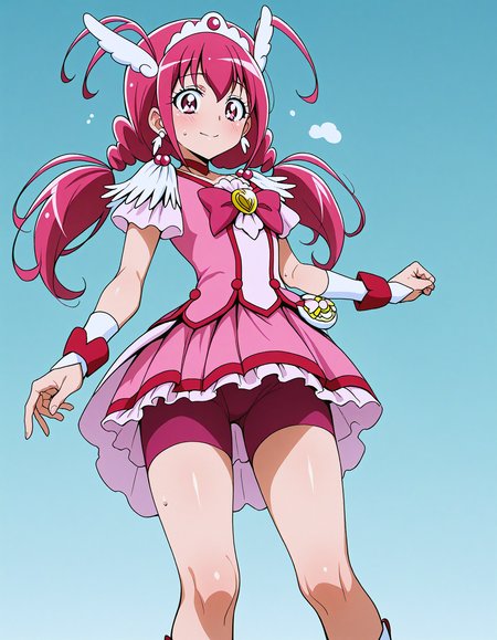 score_9, score_8_up, score_7_up, <lora:Hyper8:1> <lora:fixhands:1> source_anime BREAK 1girl, solo, Walking as if stepping on legos, aqua background,
HM-CH, pink eyes, low twintails, hair between eyes, pink hair, antenna hair, hair ornament, head wings, tiara, pink choker, feather earrings, pink bow, pink shorts, pink skirt, bike shorts, shorts under skirt, pink wrist cuffs, torn clothes, sweat,
<lora:WhatIsThis_slider:-2>
<lora:LECO_LessSimpleBackgroundXL:1>
<lora:ponyxl-char_smile_precure_transformed:0.9>