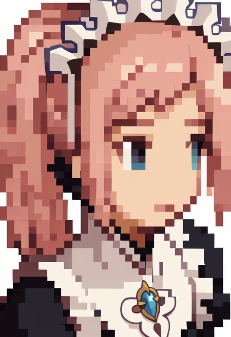 score_9, score_8_up, score_7_up, source_anime, BREAK, solo, 1girl,  <lora:FF-Tactics-Portraits-pdxl_Fp:1>, simple background, portrait, pixel art, white background, <lora:felicia-fe-richy-v2_pdxl:1>, flcdf, blue eyes, pink hair, long hair, ponytail, maid headdress, black feathered collar, maid, juliet sleeves, maid apron,