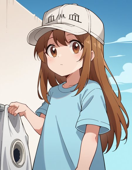 score_9, score_8_up, score_7_up, source_anime, <lora:platelet-s1-ponyxl-lora-nochekaiser:1>, platelet, long hair, brown hair, brown eyes,, shirt, hat, short sleeves, boots, white headwear, blue shirt, flat cap,, laundry day, clothesline, drying clothes, domestic life, fresh air, blue sky, , looking at viewer, arm resting on back of chair, solo,, cowboy shot, dutch angle