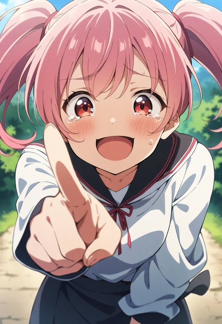 1girl, pink hair, twintails, laughting at viewer, pointing viewer, red eyes, tears, blush, upper body, funny, smiling, open mouth, outdoors, laughting, anime production, masterpiece, best quality, very aesthetic, absurdres, <lora:add-detail-xl:1>,  <lora:MJ52:0.25>,