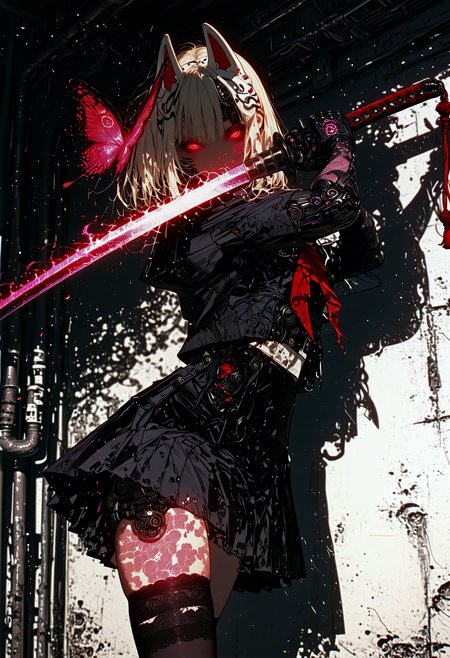 dynamic angle, 1girl, petite, fighting stance, school uniform, holding katana, fox mask, dynamic pose, looking at viewer, lace trim, over-kneehighs, glowingconcept, glowing_face_tattoo, glowing_eyes, Smo0thL1nes, (mechanical parts:0.9), mechanical joint, mechanical eye, flying glowing butterfly, glowing effects, bioluminescent, uncanny, fantasy, science fiction, best quality, amazing quality, very aesthetic, absurdres, newest, high contrast, clear color, beautiful shadow, beautiful light, cinematic light, cinematic shadow, bokeh, glare, (overexposed:1.2), high exposure, washed out colors, (subsurface scattering:1.2),  <lora:Glowing_tattoo_concept:0.7> <lora:iLLMythSmo0thL1nes:0.9>