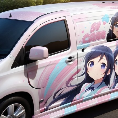 aragaki ayase,smile,vehicle focus, from side(lapping car,print car,painted car style),masterpiece,best quality, very aesthetic, absurdres,  ultra detailed  <lora:Ayase_Aragaki_-_Oreimo:0.7> <lora:lappingcar:1>