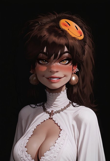 score_9, score_8_up, score_8. score_9, score_8_up, score_7_up, score_6_up, masterpiece, 4k, high quality, (best quality:1.1), ExpressiveH,(close up)
1girl, PandaDelgado, smiley hair ornament, long hair, large breasts, blushing, looking at viewer, seductive smile, g0dd3ss, white dress, cleavage
black background